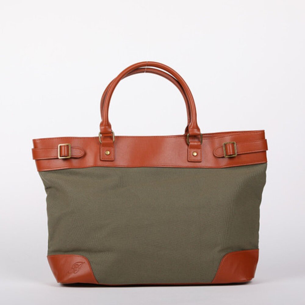 Large Canvas & Vegan Leather Tote – Laptop Bag, Travel Carry-On - Green/Brown